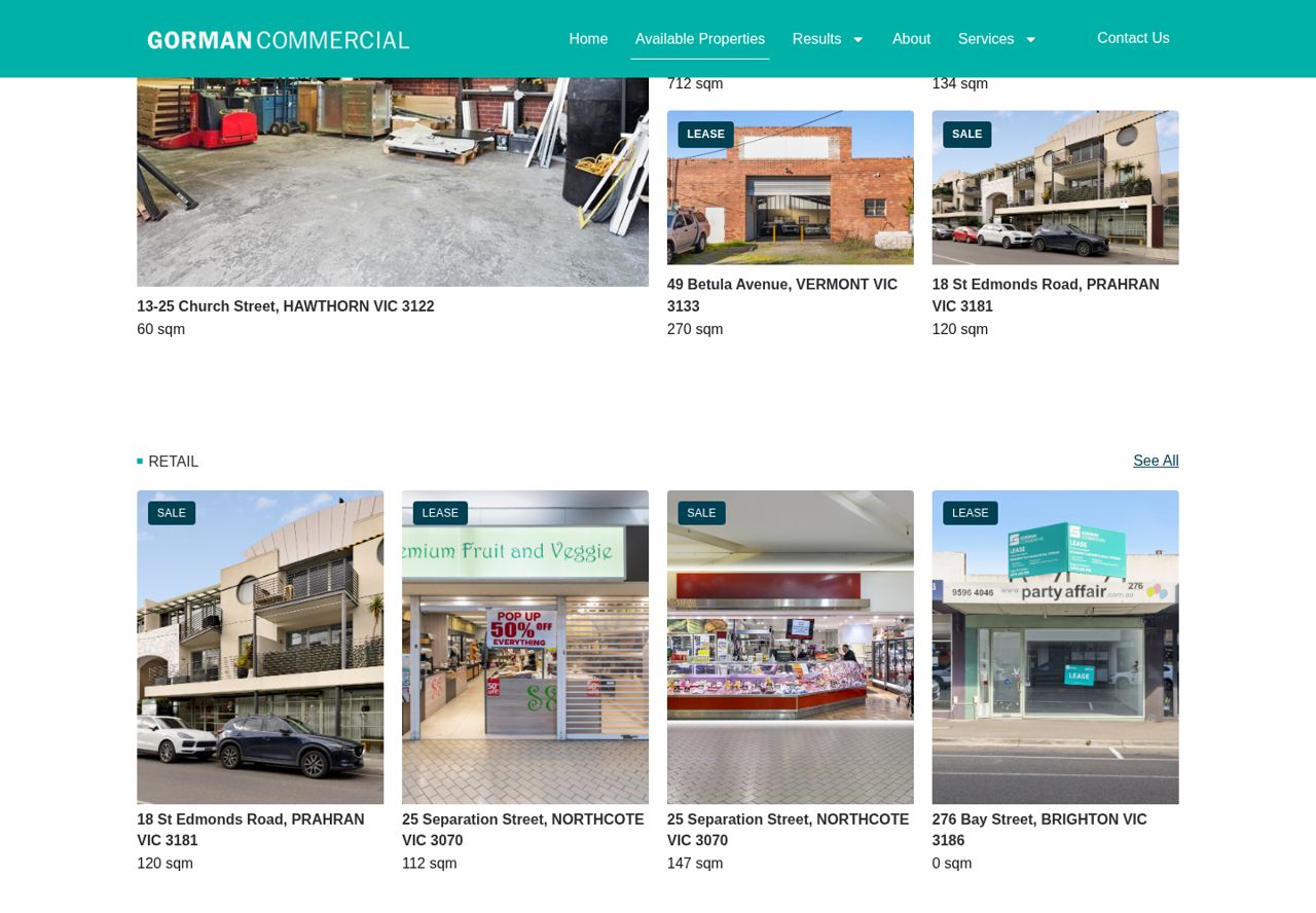 Gorman Commercial property listings page with sale and lease filters
